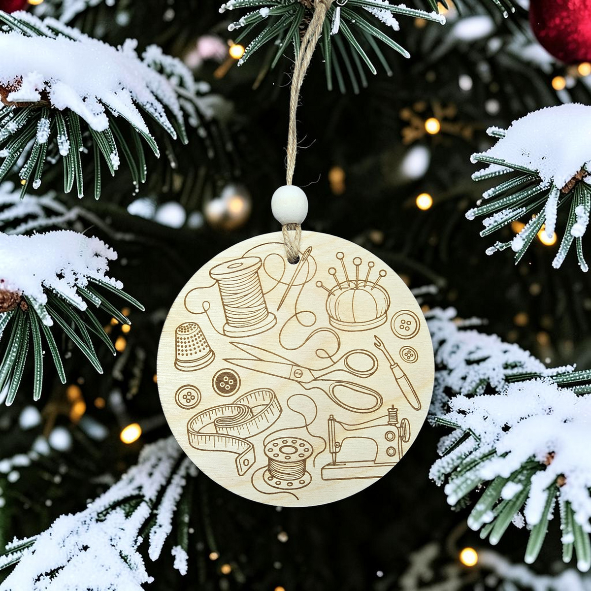 Scissors & Needle Sewing Christmas Ornament | Double-Sided Wood & Acrylic