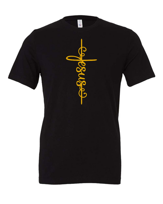 Jesus script cross T-Shirt (gold print)