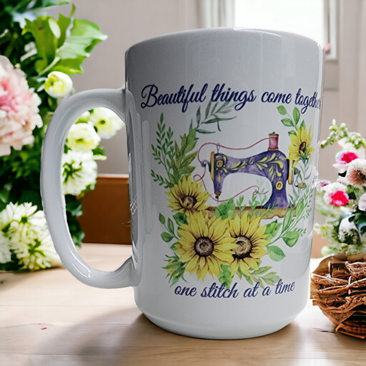 Sewing Themed Mug | coffee cup | Beautiful things come together one stitch at a time | gift
