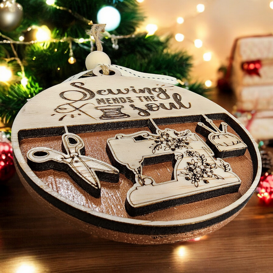 Sewing Mends the Soul layered ornament | sewing ornament | hobby themed ornament