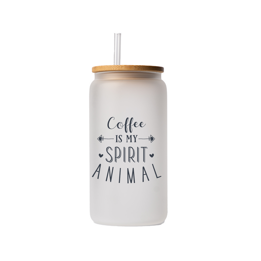 Coffee is my spirit animal 16 oz glass can | uv printed | bamboo lid | plastic straw