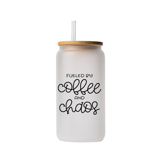 Fueled by coffee and chaos 16 oz glass can | uv printed | bamboo lid | plastic straw