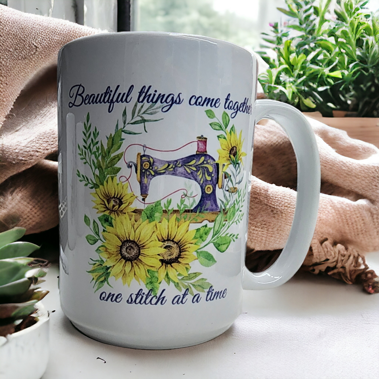 Sewing Themed Mug | coffee cup | Beautiful things come together one stitch at a time | gift