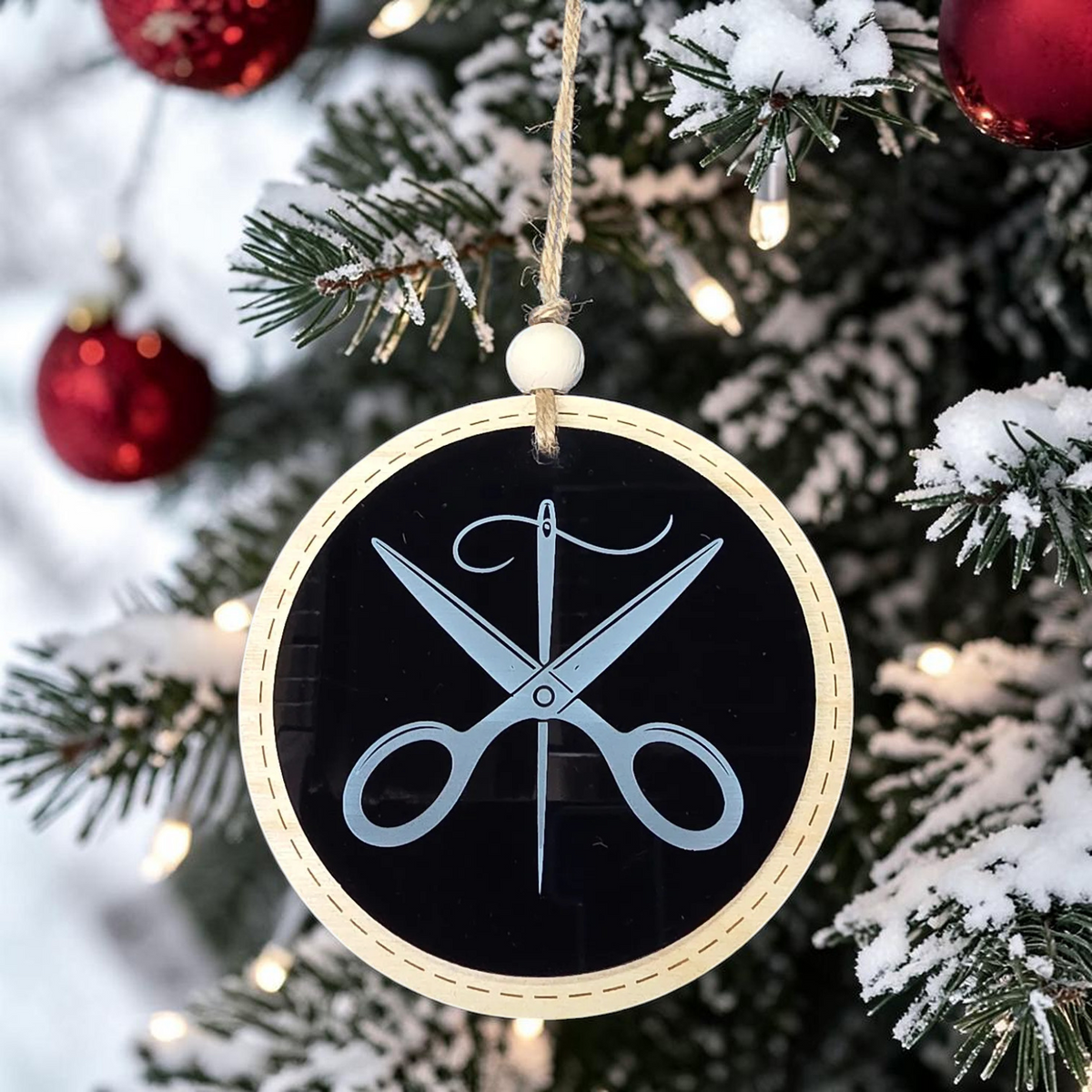 Scissors & Needle Sewing Christmas Ornament | Double-Sided Wood & Acrylic