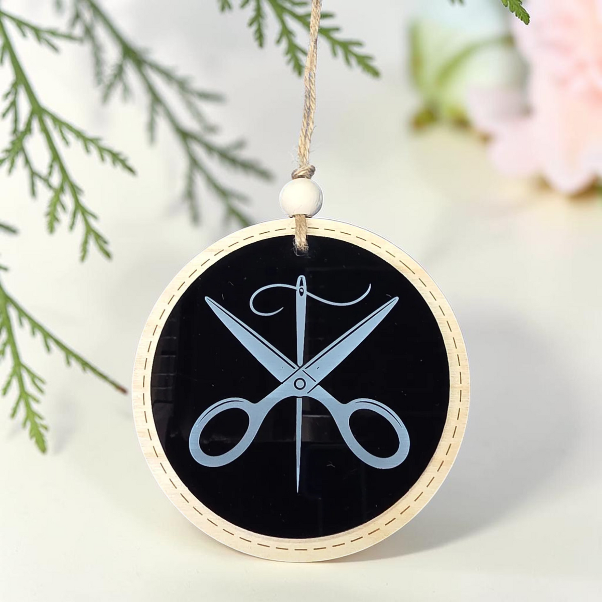 Scissors & Needle Sewing Christmas Ornament | Double-Sided Wood & Acrylic